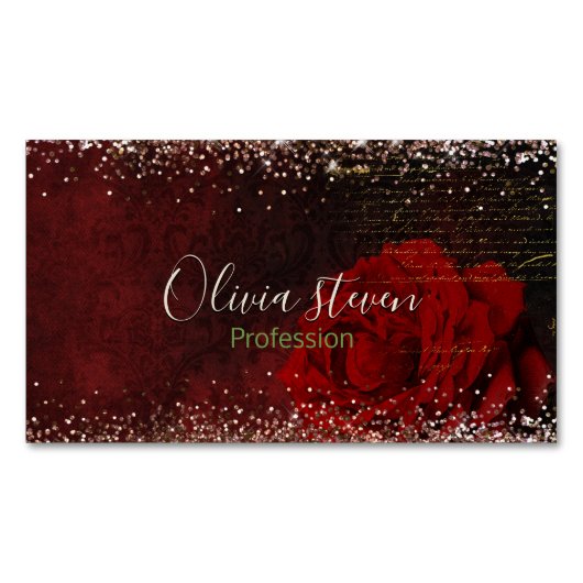 シックな赤い花のフェイク金ゴールドグリッターモノグラム マグネット名刺 (正面)