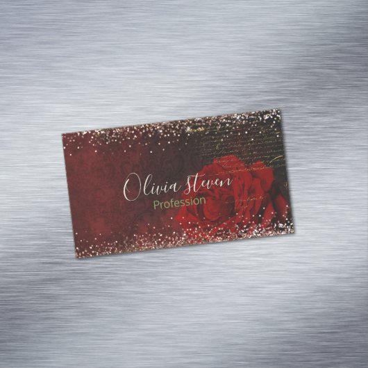 シックな赤い花のフェイク金ゴールドグリッターモノグラム マグネット名刺 (インサイチュ)