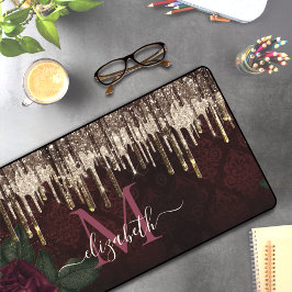 シックな赤い花の金ゴールドドリッピンググリッターモノグラム デスクマット