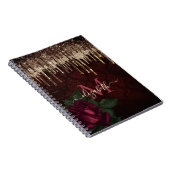 シックな赤い花の金ゴールドドリッピンググリッターモノグラム ノートブック (右側)