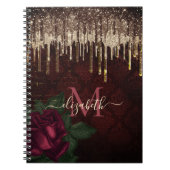 シックな赤い花の金ゴールドドリッピンググリッターモノグラム ノートブック (正面)