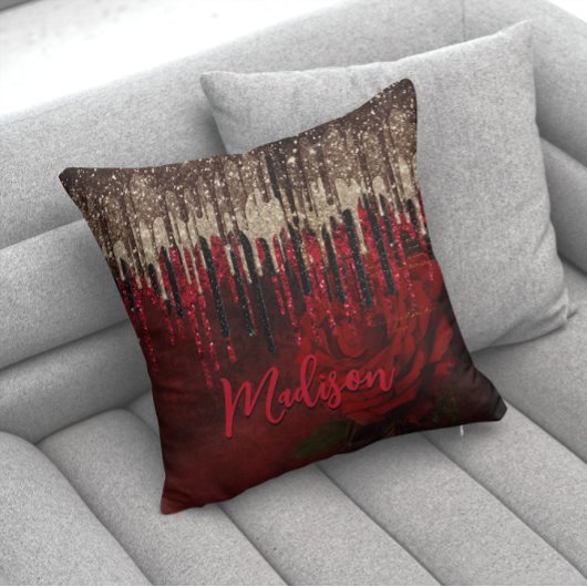 シックな赤い花の金ゴールドドリップグリッターモノグラム クッション