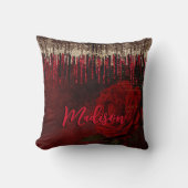 シックな赤い花の金ゴールドドリップグリッターモノグラム クッション (正面)