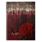 シックな赤い花の金ゴールドドリップグリッターモノグラム ノートブック (正面)
