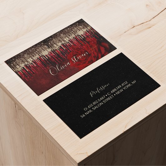 シックな赤い花の金ゴールドドリップグリッターモノグラム 名刺