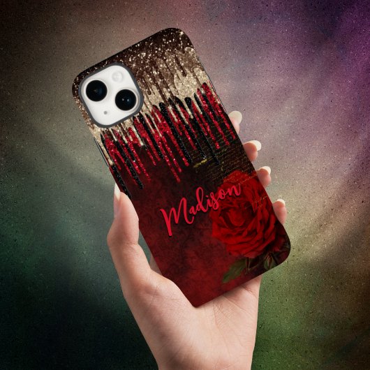 シックな赤い花の金ゴールドドリップグリッターモノグラム Case-Mate iPhoneケース
