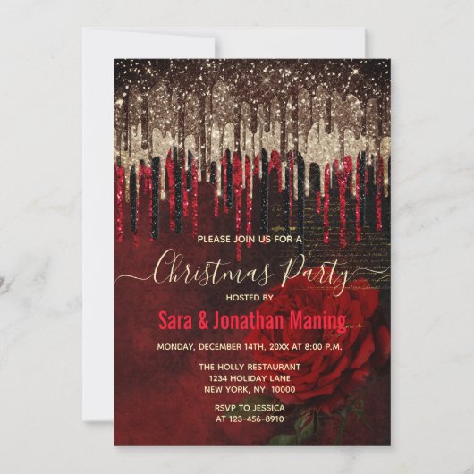 シックな赤い花の金ゴールドドリップスグリッタークリスマス 招待状 (正面)
