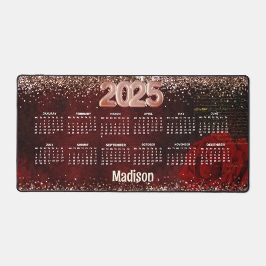 シックな赤い花フェイク金ゴールドグリッターモノグラム2025 デスクマット (正面)