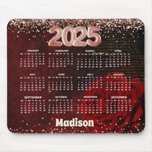 シックな赤い花フェイク金ゴールドグリッターモノグラム2025 マウスパッド (正面)