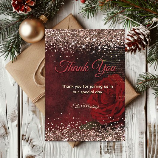 シックな赤い花フェイク金ゴールド感謝していグリッター カード