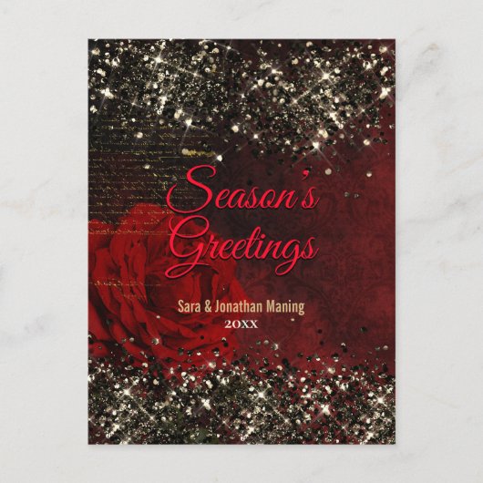 シックな赤い金ゴールドグリッターグリッタークリスマス新年 ポストカード (正面)