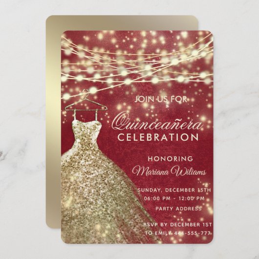 シックな赤い金ゴールドストリングライトグリッタードレスカンス 招待状 (正面/裏面)