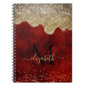 シックな赤い金ゴールドドリッピンググリッターモノグラム ノートブック (正面)