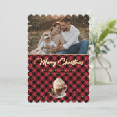 シックな赤い金ゴールド格子模様の写真メリークリスマス シーズンカード (スタンド正面)