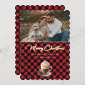 シックな赤い金ゴールド格子模様の写真メリークリスマス シーズンカード (正面/裏面)