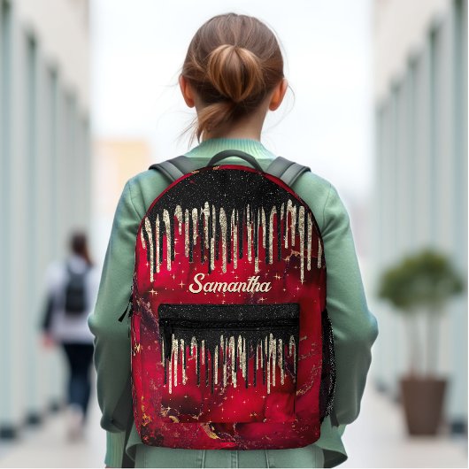シックな赤い黒のドリッピンググリッターモノグラム印刷 プリントバックパック