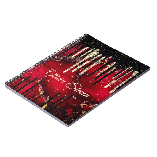 シックな赤い黒のドリッピンググリッターモノグラム ノートブック (左側)