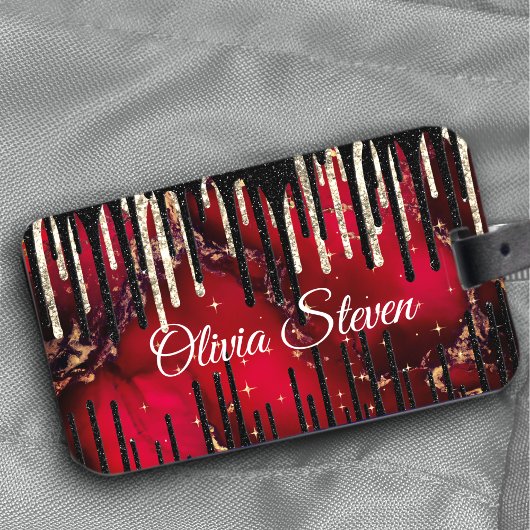 シックな赤い黒のドリッピンググリッターモノグラム ラゲッジタグ