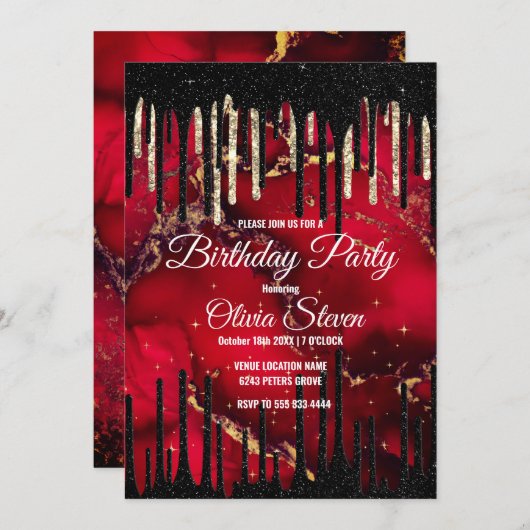 シックな赤い黒のドリッピンググリッターモノグラム 招待状 (正面/裏面)