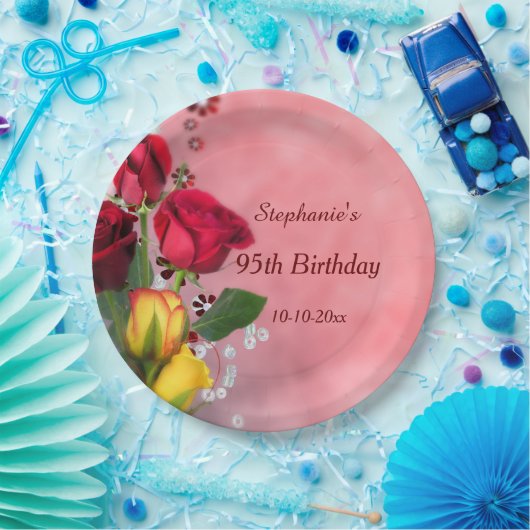 シックな赤く及び黄色バラの第95誕生日 ペーパープレート (パーティー)