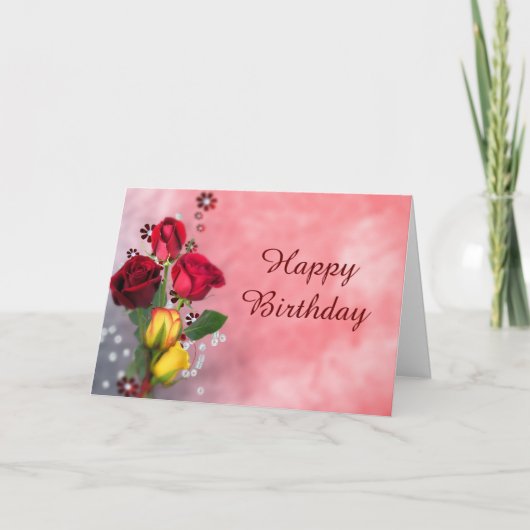 シックな赤く及び黄色バラの誕生日 カード (正面)