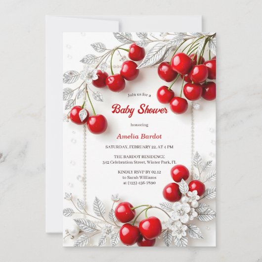 シックな赤さくらんぼをテーマにした女の子ベビーシャワー 招待状 (正面)
