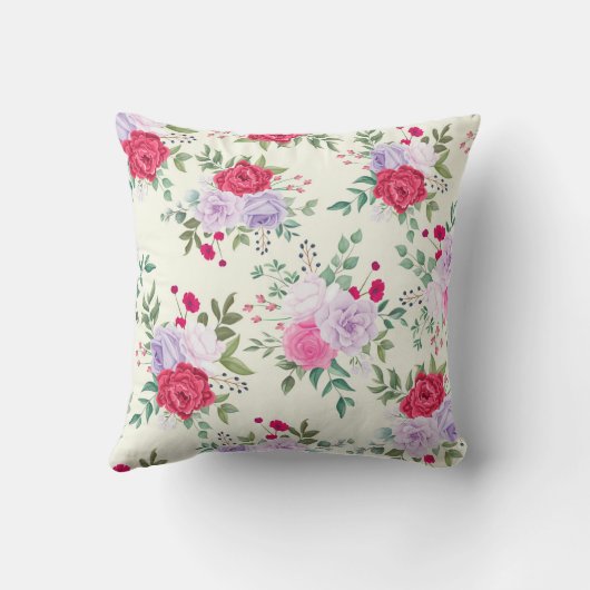 シックな赤とピンクのフローラ クッション (裏面)