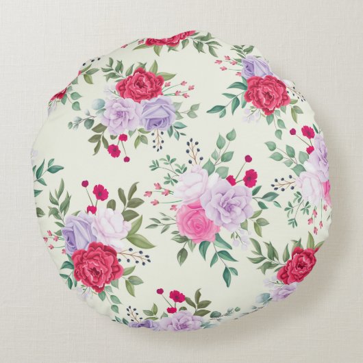 シックな赤とピンクのフローラ ラウンドクッション (裏面)