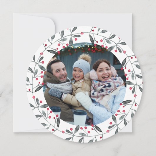 シックな赤と緑の水の色ホリークリスマスリース 招待状 (正面)