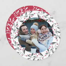 シックな赤と緑の水の色ホリークリスマスリース 招待状