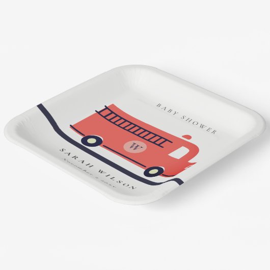 シックな赤の海軍の消防車エンジン赤ちゃんシャワー ペーパープレート (傾斜あり)