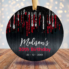 シックな赤の黒いグリッターは任意の年齢の誕生日を乾燥 セラミックオーナメント