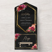 シックな赤の黒いフローラ結婚ズ オールインワン招待状 (内側)