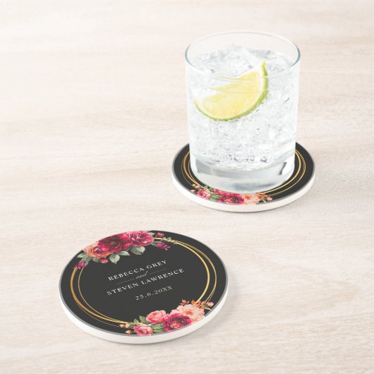 シックな赤の黒いフローラ結婚ズ コースター (側面)