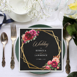 シックな赤の黒いフローラ結婚ズ スタンダードカクテルナプキン