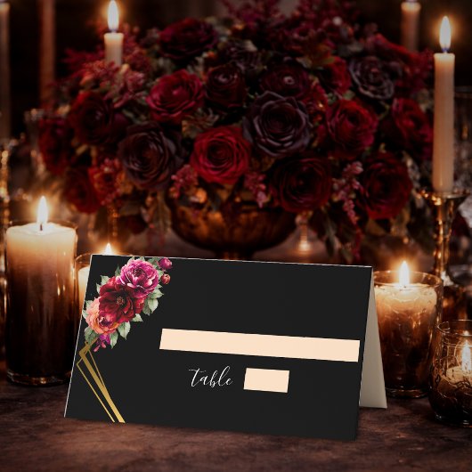 シックな赤の黒いフローラ結婚ズ プレイスカード