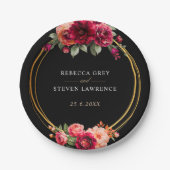 シックな赤の黒いフローラ結婚ズ ペーパープレート (正面)