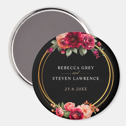 シックな赤の黒いフローラ結婚ズ マグネット (正面/裏面)