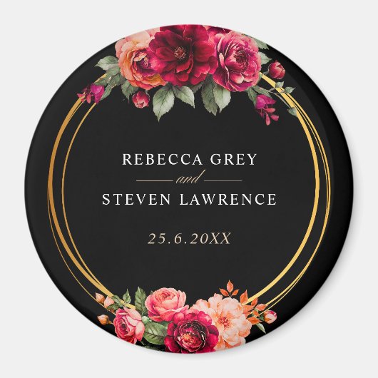 シックな赤の黒いフローラ結婚ズ マグネット (正面)