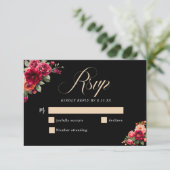 シックな赤の黒いフローラ結婚ズ 出欠カード (スタンド正面)