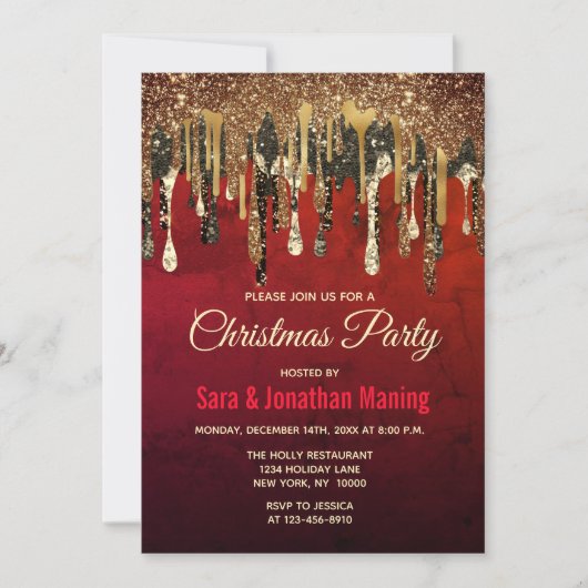 シックな赤の黒と金ゴールドグリッタードリップクリスマス 招待状 (正面)