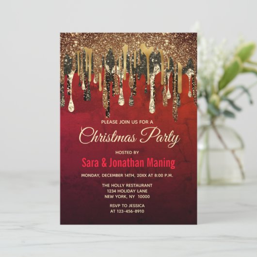 シックな赤の黒と金ゴールドグリッタードリップクリスマス 招待状 (スタンド正面)