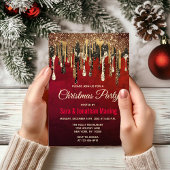 シックな赤の黒と金ゴールドグリッタードリップクリスマス 招待状