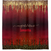 シックな赤の黒と金ゴールドグリッタードリップモノグラム シャワーカーテン (正面)