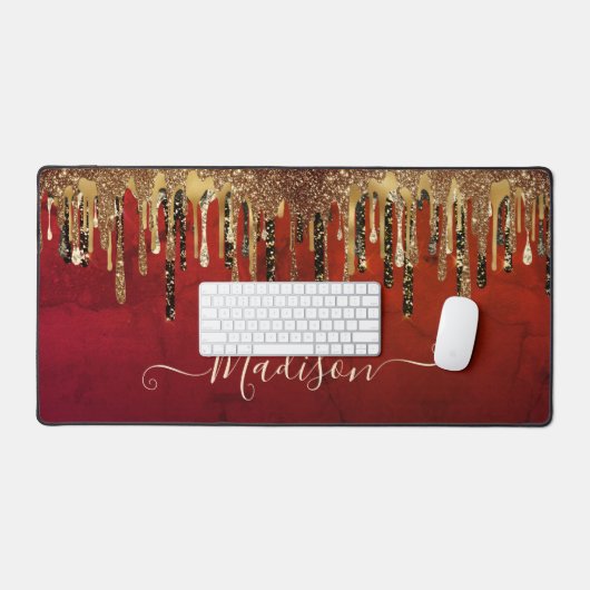 シックな赤の黒と金ゴールドグリッタードリップモノグラム デスクマット (キーボード&マウス)