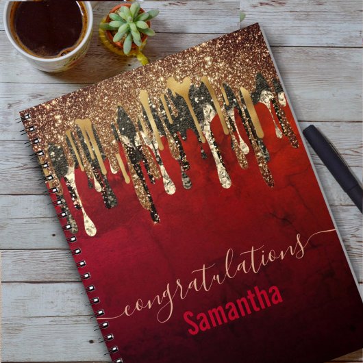 シックな赤の黒と金ゴールドグリッタードリップモノグラム ノートブック