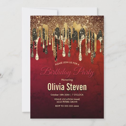 シックな赤の黒と金ゴールドグリッタードリップモノグラム 招待状 (正面)