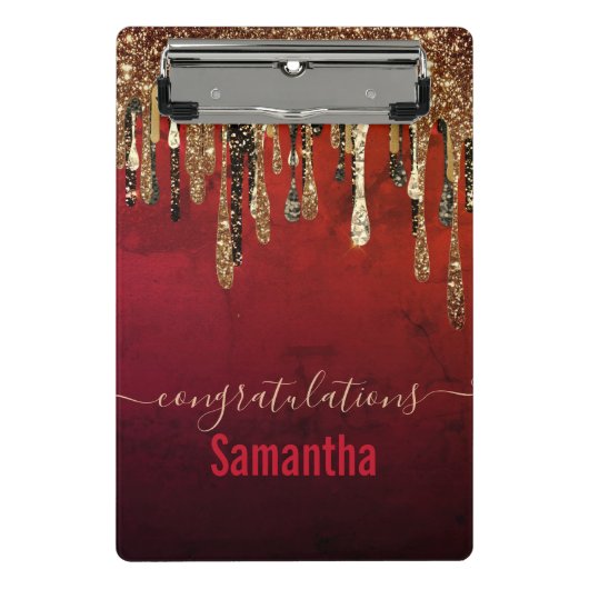 シックな赤の黒と金ゴールドグリッタードリップモノグラムcli ミニクリップボード (正面)