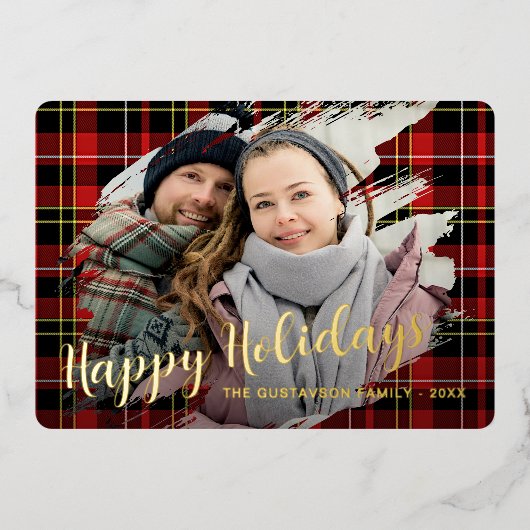 シックな赤の黒のイエローホワイトプレイドパターン金ゴールド 箔シーズンカード (正面)