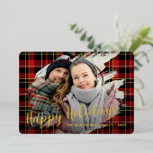 シックな赤の黒のイエローホワイトプレイドパターン金ゴールド 箔シーズンカード (立ち正面)